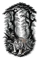 A tiger prowling through a lush forest filled with ancient trees and hidden bookshelves, representing the wild beauty of nature and the joy of reading tattoo design idea