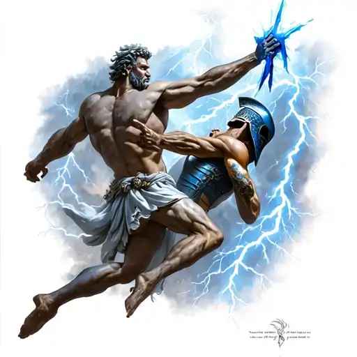 Zeus fighting a spartan with lightning in the background tattoo design idea