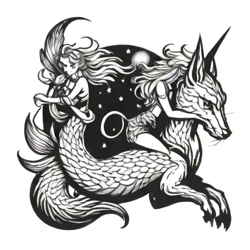sexy fairy riding a Ninetails fox with moon tattoo design idea