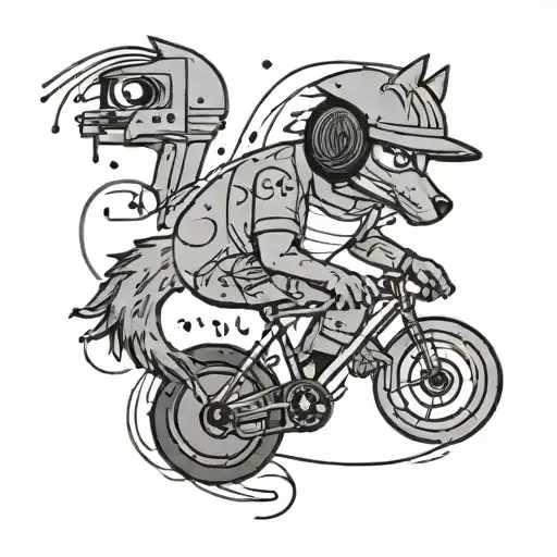 A black-grey tattoo of Bojack wearing a cycling helmet, with music notes swirling around him tattoo design idea