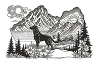 Tolmie Peak With A Sunset and wildflowers growing with a black lab mix tattoo design idea