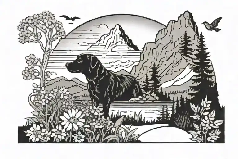 Tolmie Peak With A Sunset and wildflowers growing with a black lab mix tattoo design idea