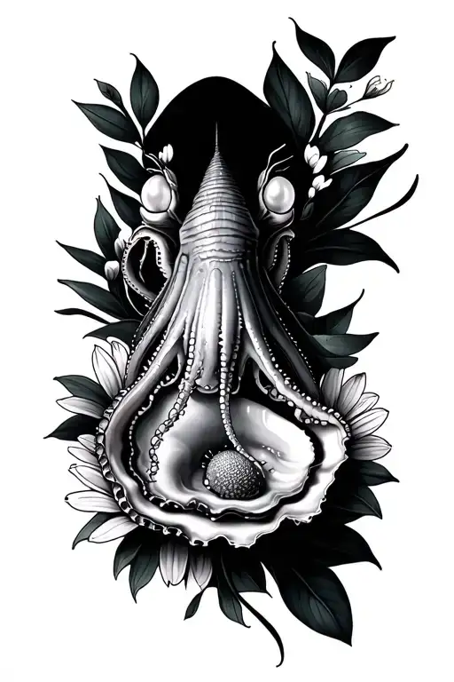 squid abd oyster with pearl and aster flower and Tanah lot temple tattoo design idea