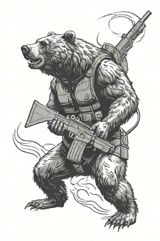 Bear holding gun in sharp black and grey, made for a man in military, angry large bear, maybe have claws out  tattoo design idea