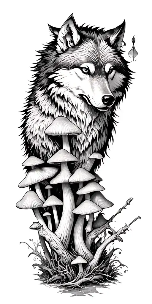 warrior wolf mushrooms tattoo design idea