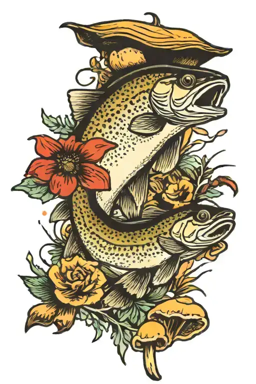 Trout and Mushrooms  tattoo design idea