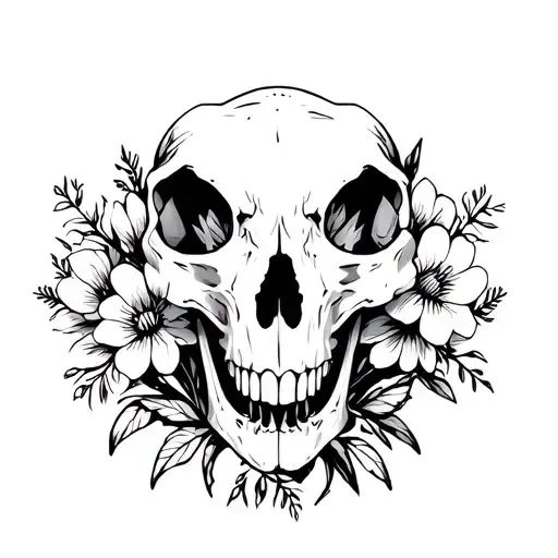 animal skull decaying flowers tattoo design idea