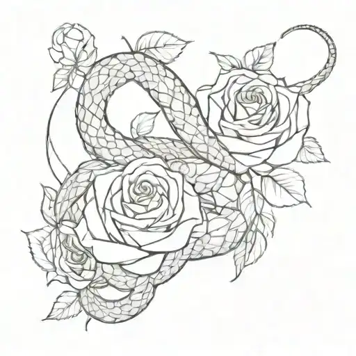 tattoo sketch snake with roses black and white for a girl on the stomach and sides tattoo design idea