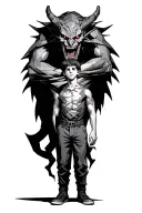 a boy standing with a scary demon towering behind and wrapped around him tattoo design idea