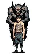 a boy standing with a scary demon towering behind and wrapped around him tattoo design idea
