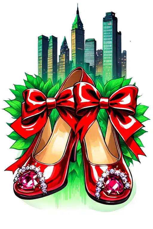 emerald city in background of two sparkly red ruby slippers with bows on toes of shoes  tattoo design idea