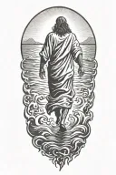 A Silhouette Of muscular Jesus Walking On Water, realistic, veiw from the back, Symbolizing Faith And Strength Tattoo tattoo design idea