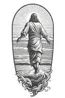 A Silhouette Of muscular Jesus Walking On Water, realistic, veiw from the back, Symbolizing Faith And Strength Tattoo tattoo design idea