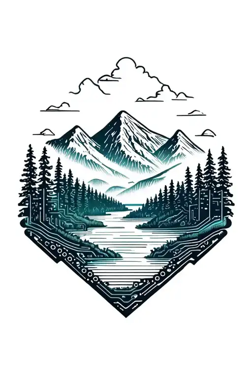 microchip circuit infused with forest with river flowing and  mountain in background  tattoo design idea