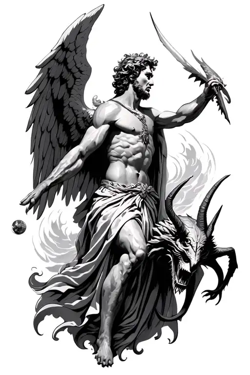 saint michael the archangel slaying satan tattoo design idea
