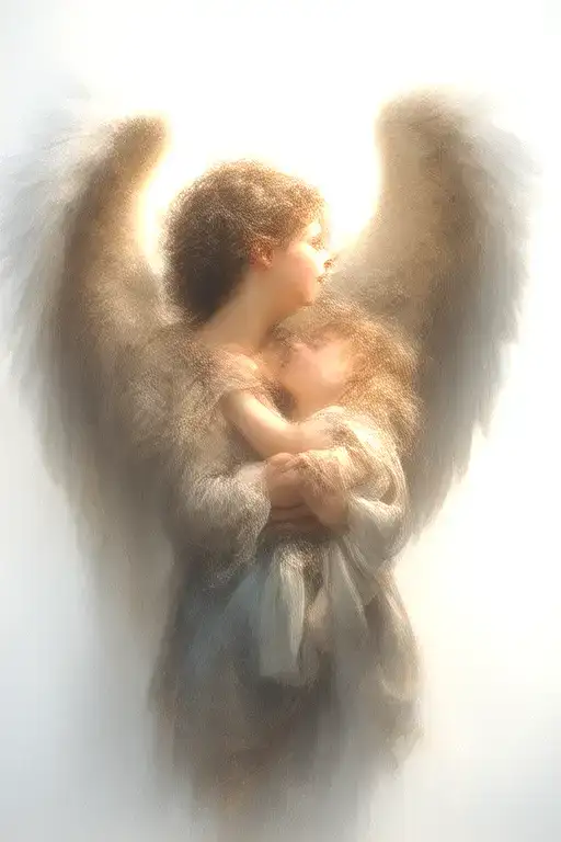 an angel wraps his wings around a little boy tattoo design idea