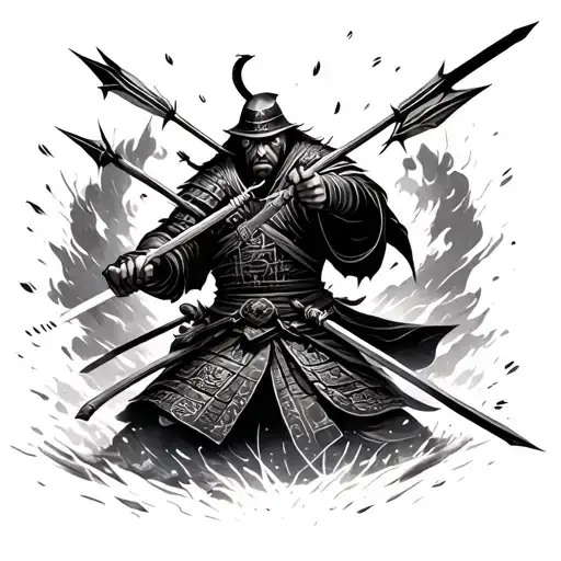 Ronin samurai warrior getting shot by arrows in the heat of battle  tattoo design idea
