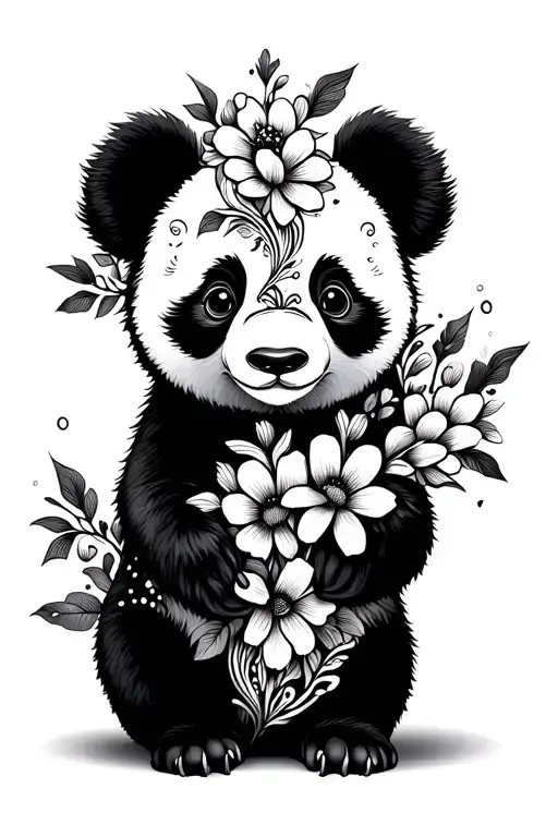 cute panda with half face as flowers intertwined tattoo design idea