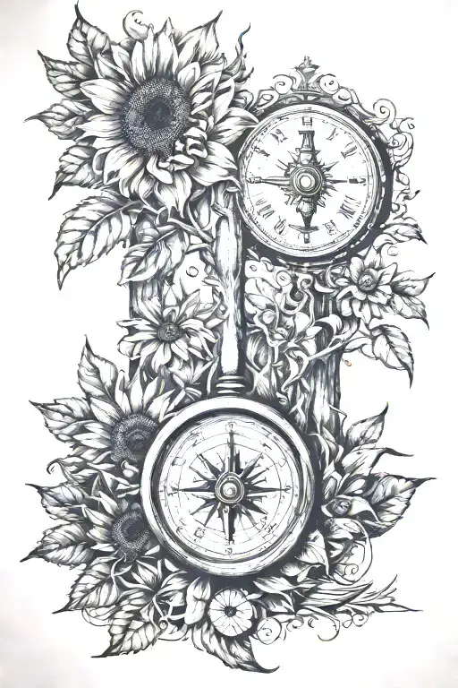 family tree, sunflower, hour glass, compass tattoo design idea