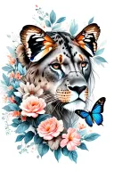 Tattoo for women, sleeve with butterfly, patterns, flowers, inscription, lioness's face, bird, animal tattoo design idea