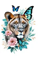 Tattoo for women, sleeve with butterfly, patterns, flowers, inscription, lioness's face, bird, animal tattoo design idea