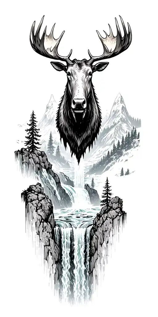 cascading waterfall scene with moose head emerging tattoo design idea