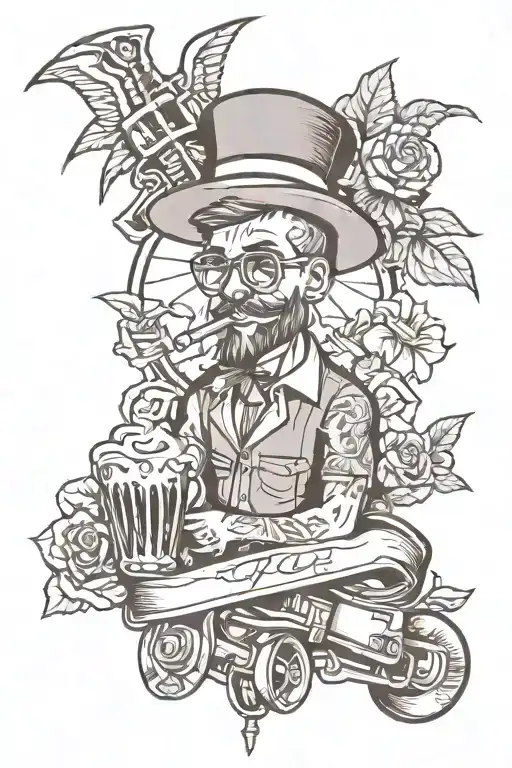 create a male tattoo in the new school style, with elements of skateboarding, Anarchist, rock roll, alcoholic drinks, RP tattoo design idea