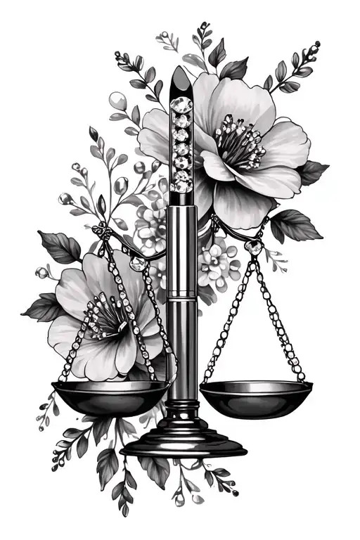 rhinestone tube of lipstick as a balancing scale with cosmo flowers around it tattoo design idea