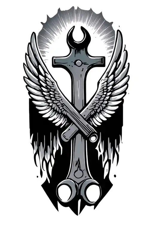 wrench cross with wings and sun rays coming tattoo design idea