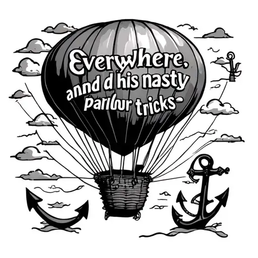 the text "everywhere, and his nasty parlour tricks" across a hot air balloon with an anchor instead of a basket tattoo design idea