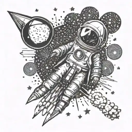 A baby reaching for the stars with a rocket ship in the background tattoo design idea