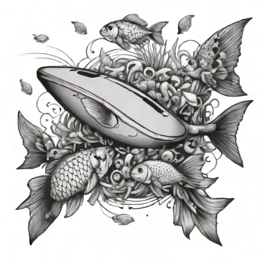 A detailed underwater scene with a computer mouse swimming among fishes, symbolizing the client's love for swimming and technology tattoo design idea