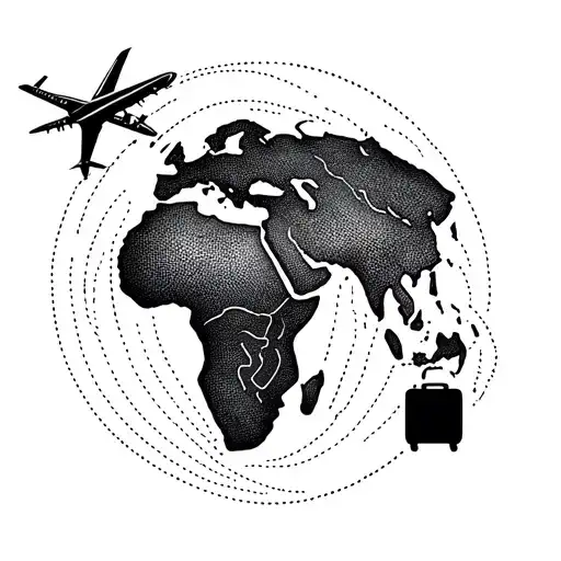 A dainty world with the continent of Africa dotted lines leading to a plane and a piece of luggage, minimal shading tattoo design idea