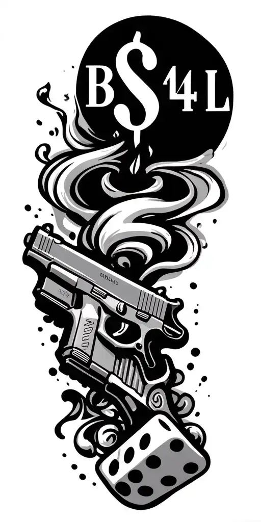 ' B 4 L' text gangster font above, Candle, dollar sign, glock pistol, dices, smoke full arm, spray and other for gang tattoo design idea
