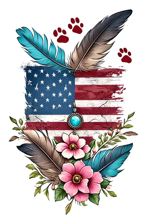 feathers with 2 small dog paw prints incorporated, american flag with round turquoise western jewlery and flowers tattoo design idea