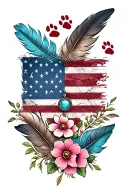 feathers with 2 small dog paw prints incorporated, american flag with round turquoise western jewlery and flowers tattoo design idea