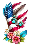 feathers with 2 small dog paw prints incorporated, american flag with round turquoise western jewlery and flowers tattoo design idea
