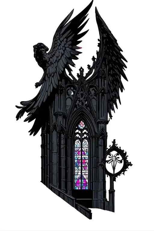 A gothic cathedral with intricate stained glass windows and neon accents with archangel, Michael tattoo design idea