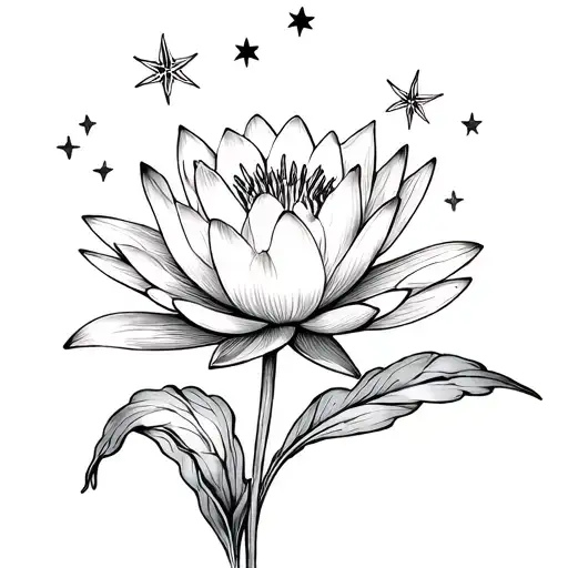 Larkspur or waterlily with stars around, then add this: ステラ・マリー placed nearby the tattoo or flowing with it  tattoo design idea
