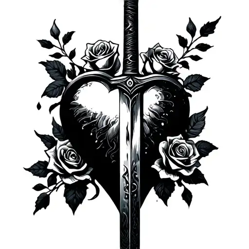 sword and heart with roses tattoo design idea