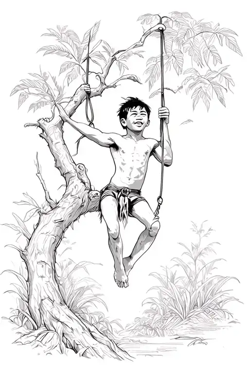 Māori jungle tarzan boy swinging in trees tattoo design idea