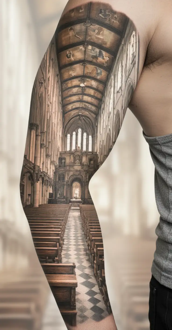 The inside of a catholic church, where you can see the benches aswell, add people inside the church  tattoo design idea
