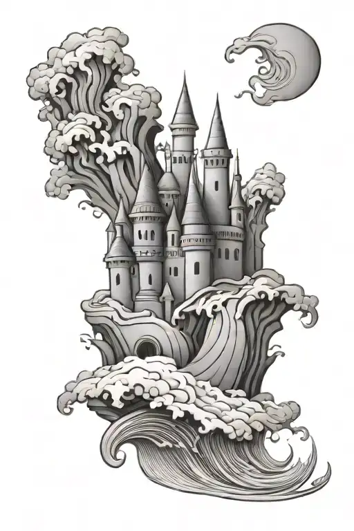 Sand Castle With Blasting Waves tattoo design idea