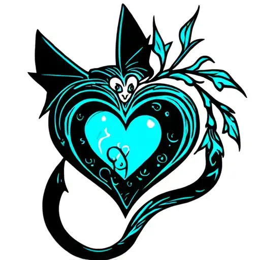 succubus womb tattoo heart design but make it cat themed instead of devil themed with a cat tail shaping a heart tattoo design idea
