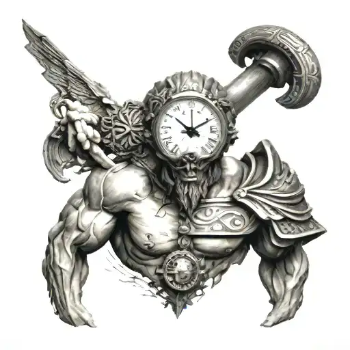 Arm tattoo with a Greek god and a skull-shaped clock tattoo design idea