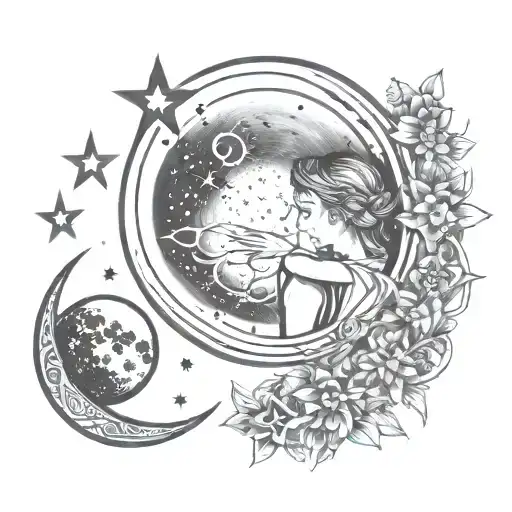 Create a tattoo of a moon and stars with a young couple in elegant silhouettes, balancing simplicity with detailed elements. tattoo design idea
