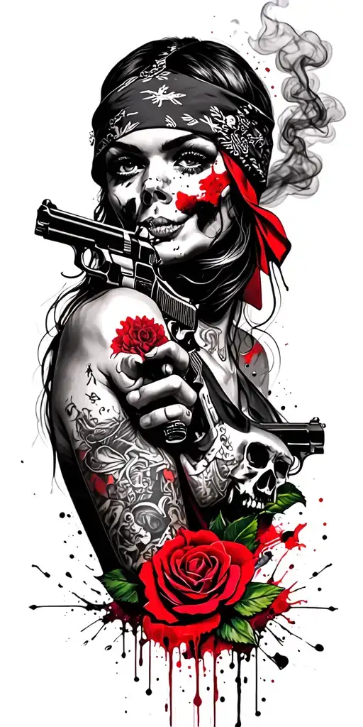 gangster girl with bandana covering her face holding guns, smoke, a rose, skulls,  tattoo design idea