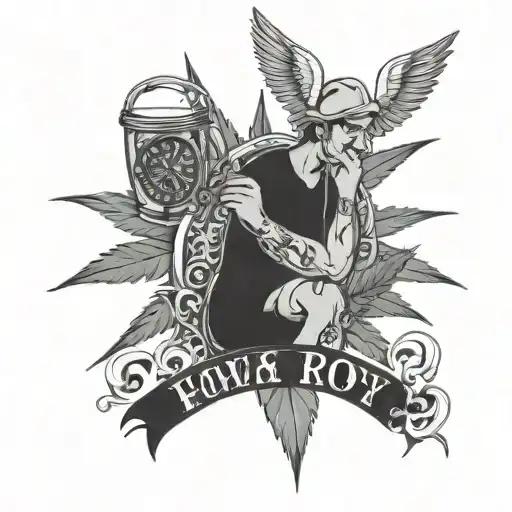 bad boy angel smoking weed bong drinking crown royal  cap onbackward clock weed on cell tower #23 mama i love you im ok tattoo design idea