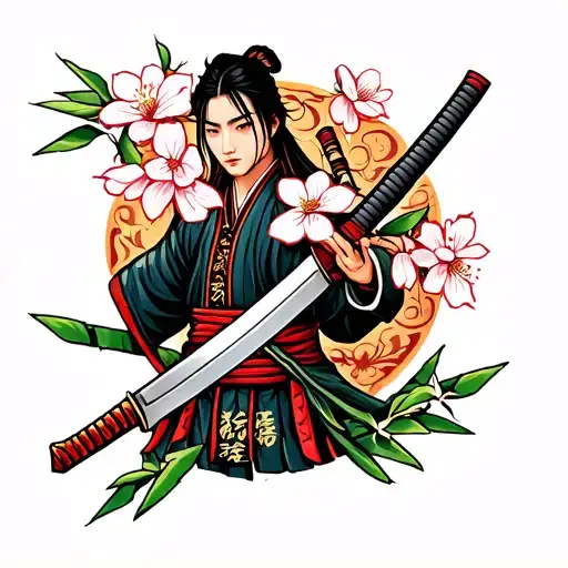 Japanese style tattoo with samurai sword and cherry blossoms and bamboo tattoo design idea