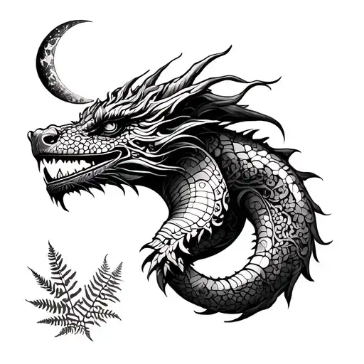Fae warrior rib tattoo: Eastern dragon, soot sprites, elven filigree armor, arcane runes, crescent moon, forest ferns, tattoo design idea